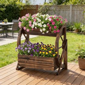 2-tier Raised Garden Bed Rustic Wood Wagon Planter with Drainage Holes and Semi-wheels for Growing Flowers or Displaying Potted Plants