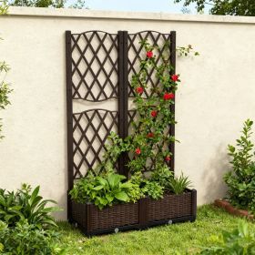 Set of 2 PE Rattan Raised Garden Bed Reinforced PP Material 32 Watering with Trellis Planter Box for Climbing Plants