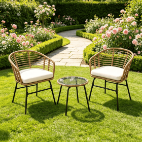 3 Pieces Outdoor Patio Furniture Set with Soft Cushions for Garden Yard Bistro Coffee Table And 2 Chairs