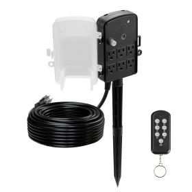 Outdoor Power Stake, 100FT Extension Cord, Outdoor Power Strip Weatherproof with Cover, Remote Control Dusk to Dawn Light Timer Waterproof, 6 Out