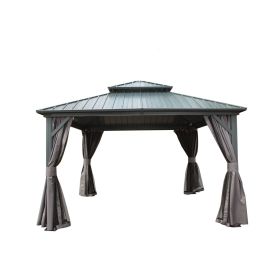 12' X 12' Hardtop Gazebo, Aluminum Metal Gazebo with Galvanized Steel Double Roof Canopy, Curtain and Netting, Permanent Gazebo Pavilion for Pati