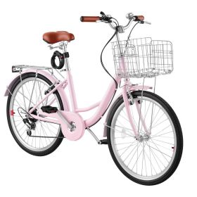 Women Bike, 24 In Beach Cruiser Bike, 7-Speed Adult City Bicycle With Carbon Steel Frame, 330 Lbs Capacity, Basket, Rear Rack & Dual V-Brakes, Pi (Option: default)