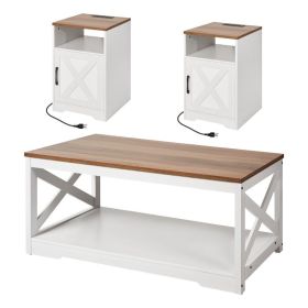 3 Pieces Farmhouse Coffee Table Sets, 40 In Industrial Coffee Table With 2 End Side Tables, Easy Assembly Coffee And End Tables Sets With Chargin (Option: default)
